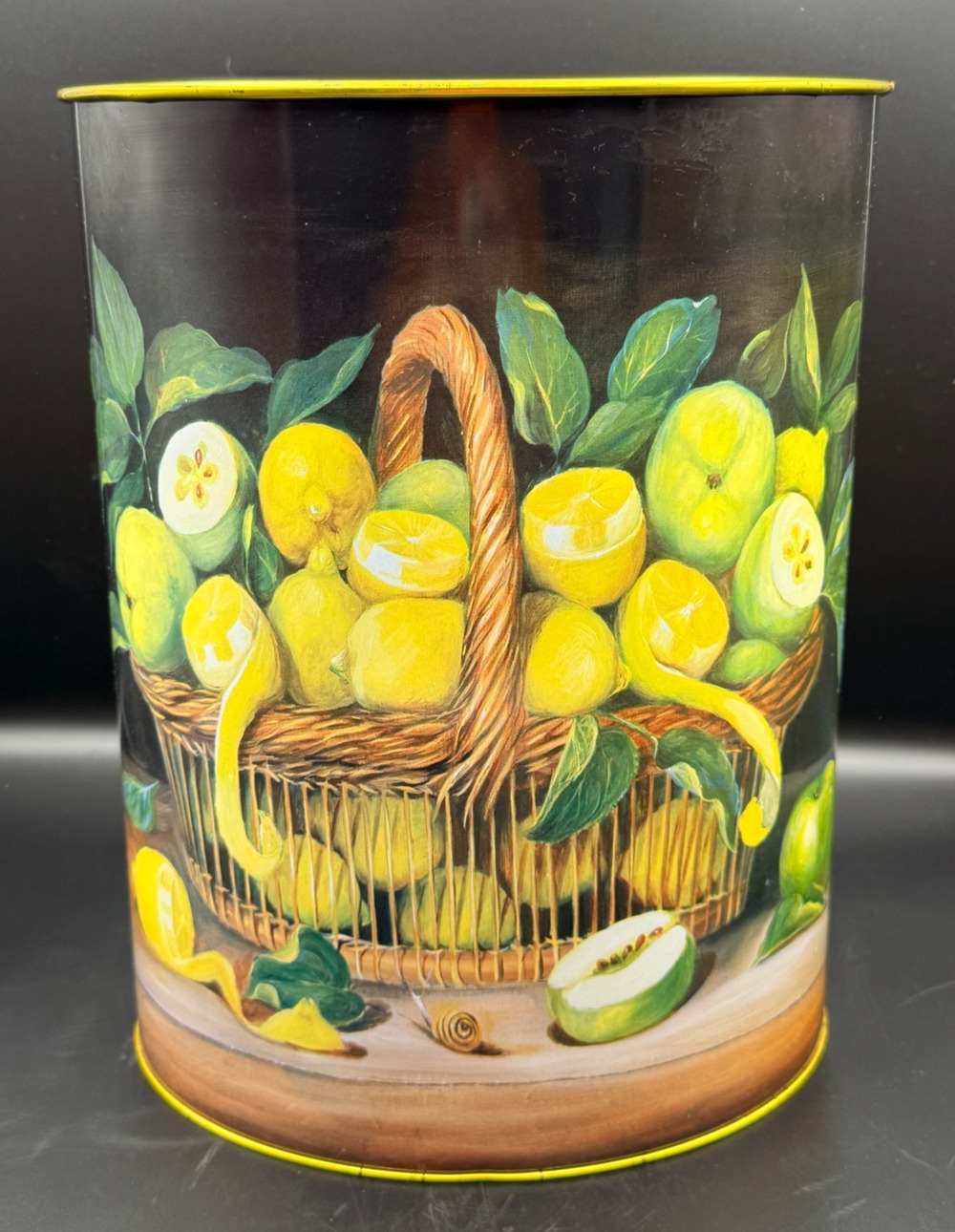Vintage Metal Trash Can Bin Wastebasket Keller Charles Lemons Apples Cottage